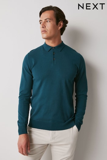 Teal Blue Regular Knitted Long Sleeve Polo Shirt (D75903) | £28