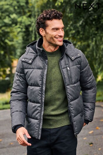 Grey Textured Wool Look Shower Resistant Puffer Jacket (D76007) | £85