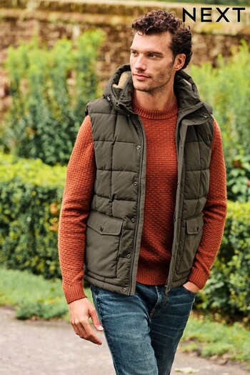 Khaki Green Square Quilted Borg Lined Hooded Gilet (D76010) | £65