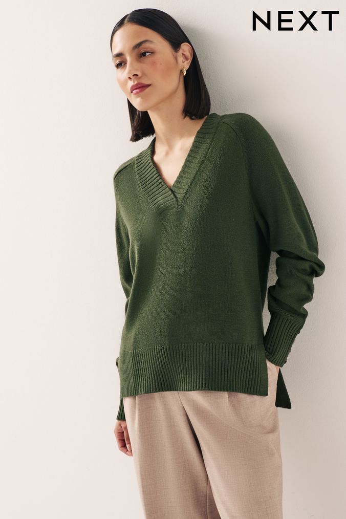 Buy Women s Green V Neck Plain Jumpers Online Next UK