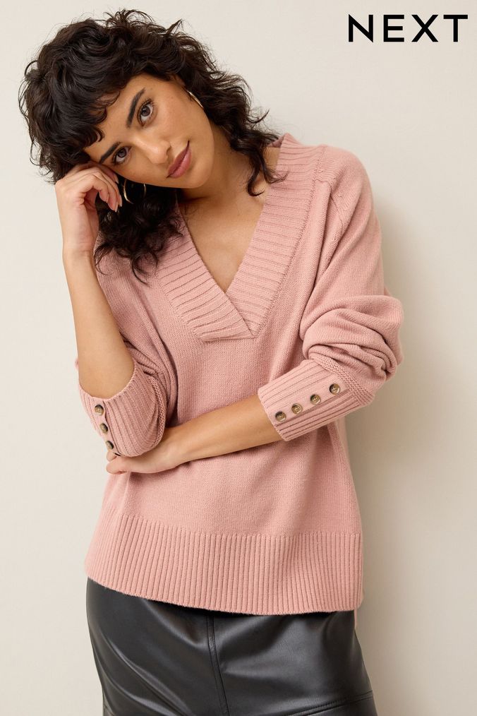 Women s Pink V Neck Jumpers Next Official Site