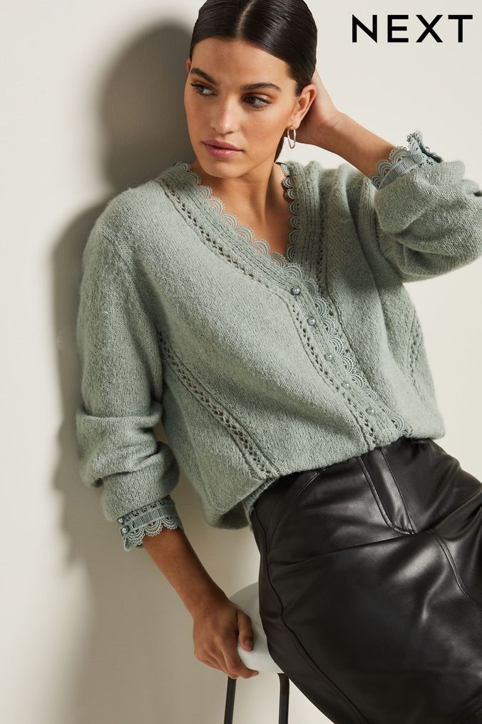 Sage Green Scallop Detail Lace Trim Cardigan (D76190) | £42