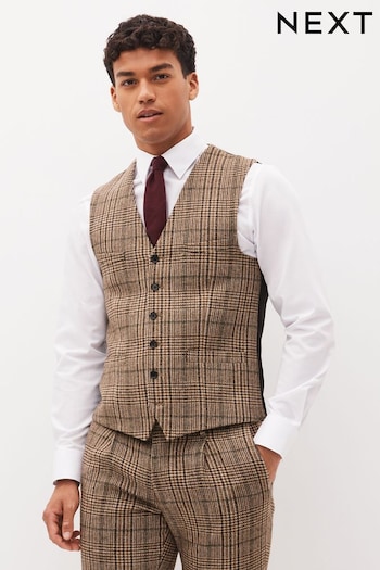 Brown Slim Wool Content Check Suit Waistcoat (D76733) | £60