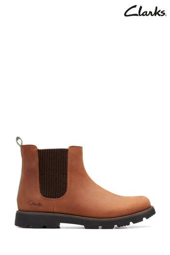 Clarks Brown G fit Leather Heath Trail Kids Versatile Boots (D76882) | £52 - £54