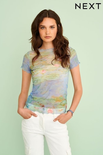 Blue Lily Print Lettuce Edge Mesh Short Sleeve T-Shirt (D76912) | £22