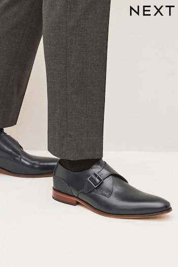 Black Leather Single Monk Shoes (D77035) | £68