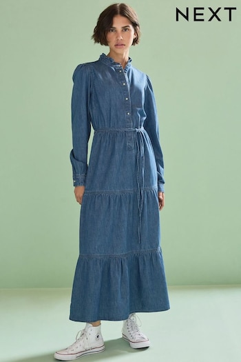 Dark Blue Tiered Denim Midi alta Dress (D77053) | £50