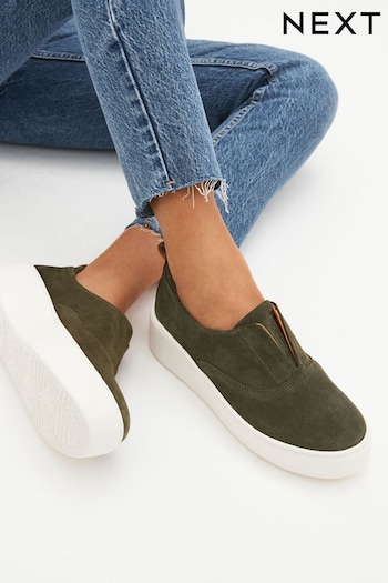 Khaki Green Slip On Signature Forever Comfort® Leather Chunky Wedges Platform Trainers (D77081) | £50