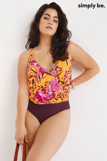 Simply Be Orange Floral Print Magisculpt Twist Front Blouson Swimsuit (D77464) | £44