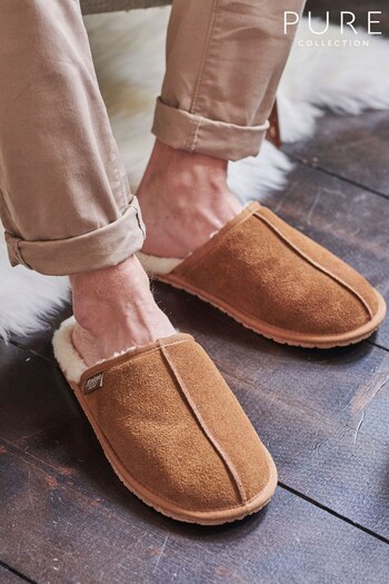 Pure Collection Mens Sheepskin Brown Mule Slippers (D77679) | £60