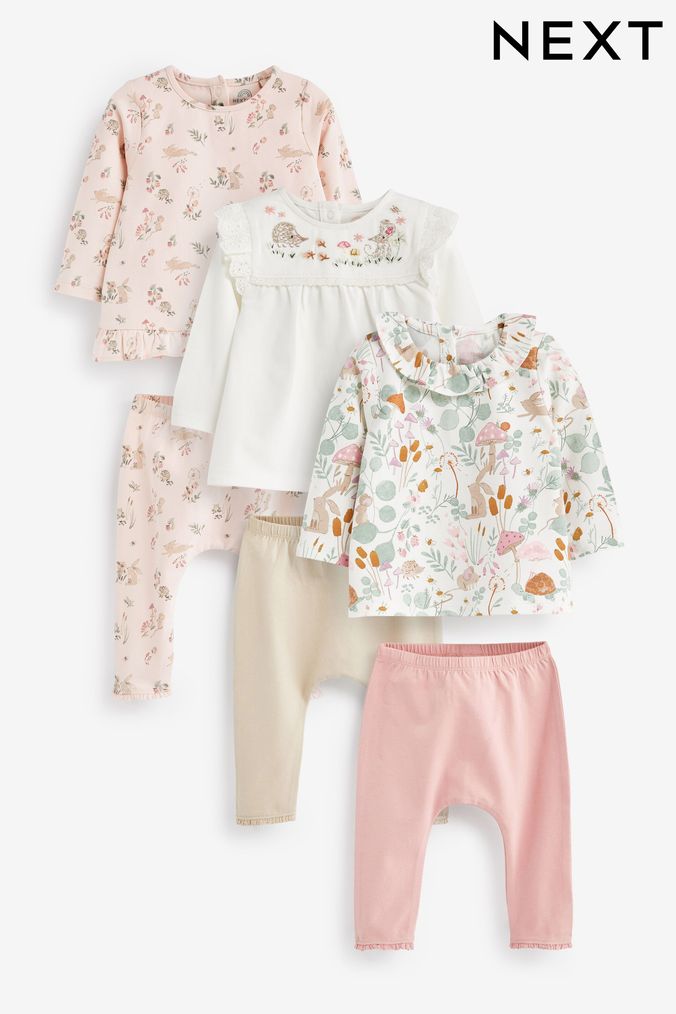 Pale Pink Floral Bunny 6 Piece Baby T-Shirts and Leggings Set (D77689) | £29 - £31
