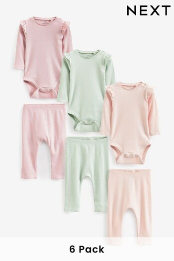 Pink/Green 6 Pack ONE Frill Bodysuit and Leggings Set (D77725) | £28 - £30