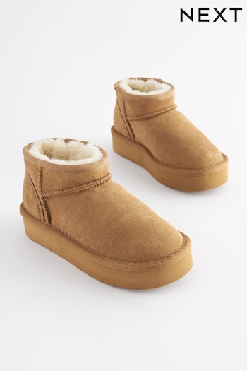 Tan Brown Flatform Mini Warm Lined Water Repellent Suede Pull-On CN7592 Boots (D77915) | £26 - £33