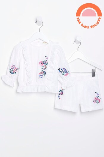 River Island Girls Kind Society White Floral Dobby Shorts Set (D78057) | £30