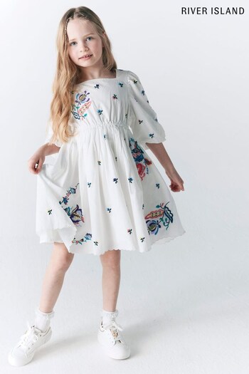 River Island White Girls Kind Society Embroidered Smock Dress (D78071) | £32