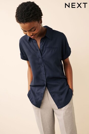 Navy Blue Short Sleeve Shirt With Linen (D78257) | £23