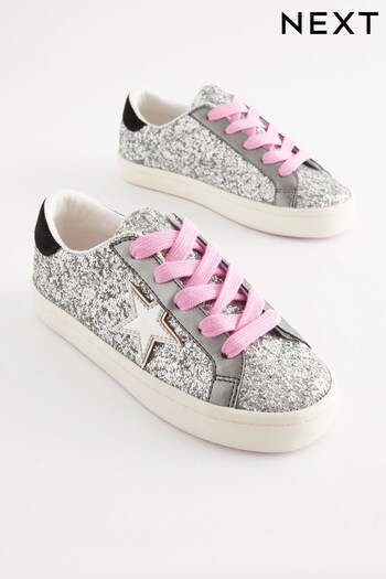 Silver/Pink Star Lace-Up Trainers (D78363) | £22 - £29