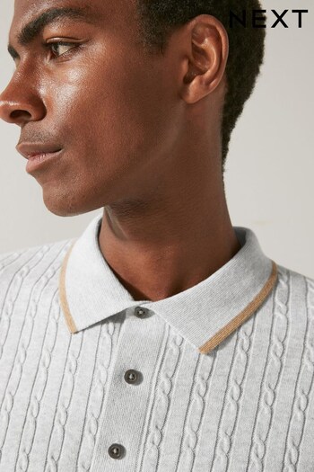 Grey Tipped Cable Long Sleeve Polo contrasto Shirt (D78368) | £32