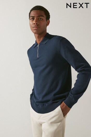 Navy Knitted Zip Polo Shirt (D78382) | £28