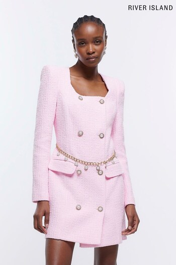 River Island Pink Belted Boucle Blazer Waist Dress (D78508) | £89