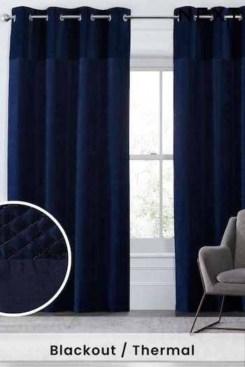 Navy Blue Velvet Quilted Hamilton Eyelet Blackout/Thermal Curtains (D78560) | £85 - £165