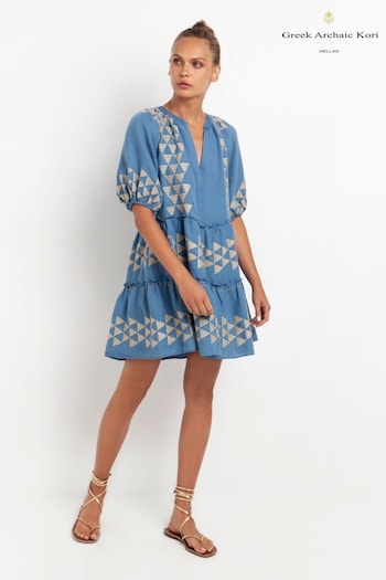 Greek Archaic Kori Blue Linen Mini Dress With Puff Short Sleeves (D78564) | £170