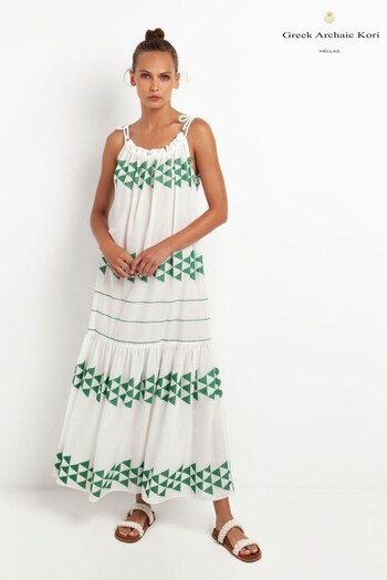 Greek Archaic Kori White/Green Linen Maxi Strap Dress With Green Repeat Pattern (D78565) | £159