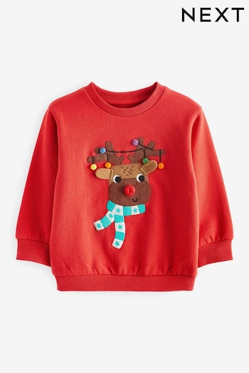 Red Reindeer Christmas Appliqué Crew Neck Sweatshirt (3mths-7yrs) (D78814) | £10 - £12
