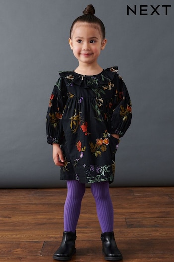 Black Floral Ruffle Collar Dress And Tights Set (3mths-8yrs) (D78887) | £18 - £24