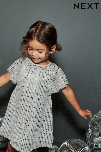 Silver Sequin Party Angel Sleeve Dress (3mths-8yrs) (D78906) | £17 - £23