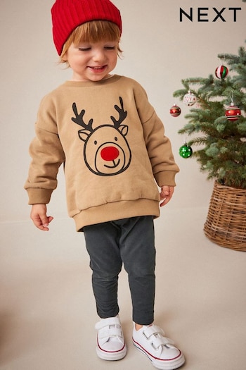 Brown and Charcoal Grey Rudolph Christmas Sweatshirt and Legging Set (3mths-7yrs) (D78966) | £16 - £20