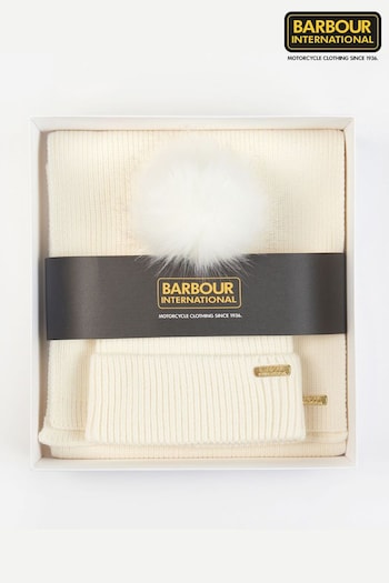 Barbour® International White Mallory Pom Knit Beanie Hat KLEIN And Scarf Gift Set (D79661) | £60
