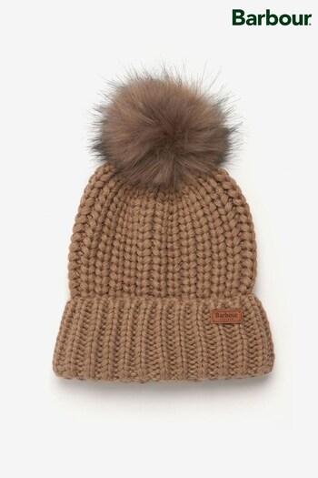 Barbour® Mink Brown Saltburn Cable Knit Pom Beanie Hat (D79676) | £30