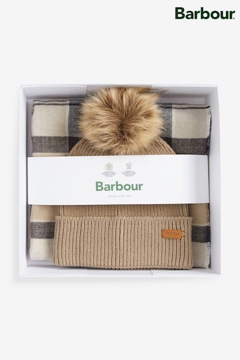 Barbour® Beige Dover Pom Beanie Hat Bawe And Scarf Gift Set (D79701) | £55