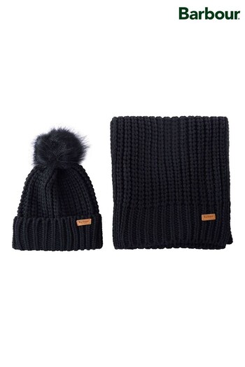 Barbour® Black Saltburn Cable Knit Pom Beanie Hat (D79703) | £60