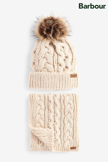 Barbour® Light Pink Penshaw Pom Beanie Hat And Scarf Gift Set (D79705) | £60