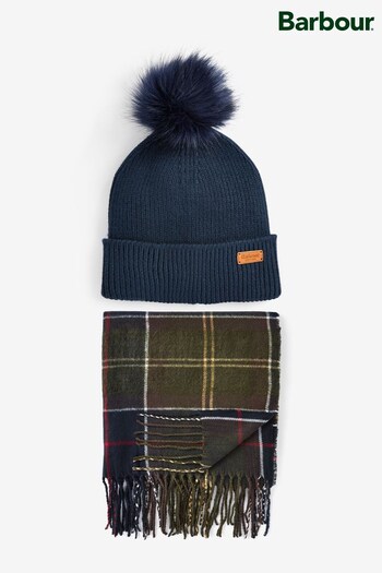 Barbour® Brown Dover Pom Beanie Hat KLEIN And Scarf Gift Set (D79706) | £55