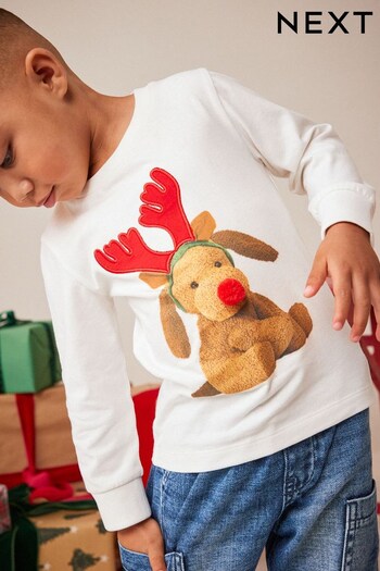 White Reindeer Long Sleeve Christmas T-Shirt (3mths-7yrs) (D79724) | £8 - £10