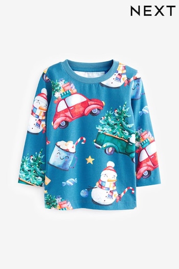 Blue All-Over Print Long Sleeve Christmas T-Shirt (3mths-7yrs) (D79727) | £6.50 - £8.50