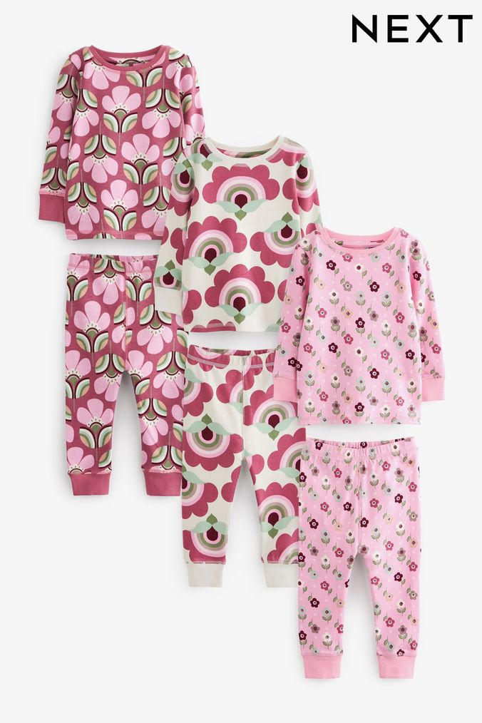 Pink/Cream Retro Print Pyjamas 3 Pack (9mths-12yrs) (D79843) | £26 - £35