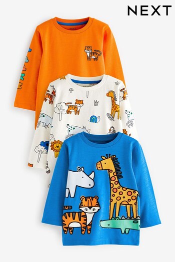 Blue/Orange Safari Animals Long Sleeve Character T-Shirts 3 Pack (3mths-7yrs) (D79884) | £18 - £22