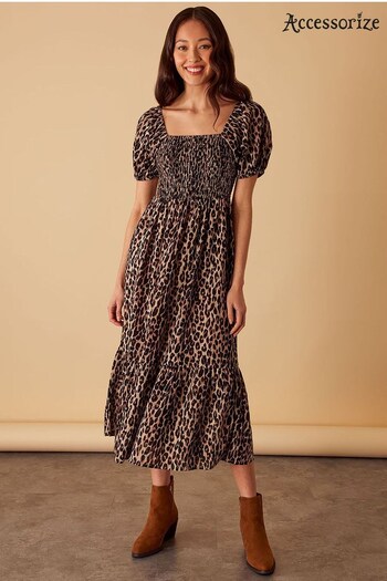 Accessorize Leopard Print Shirred Puff Sleeve Brown Dress (D79917) | £50