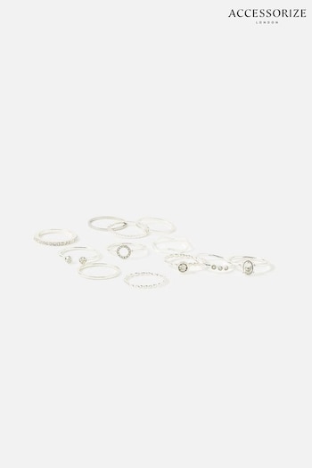 Accessorize Silver Tone Crystal Rings 12 Pack (D79945) | £14