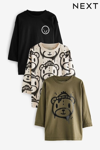 Khaki/Stone Bear Long Sleeve Character T-Shirts 3 Pack (3mths-7yrs) (D79986) | £18 - £22