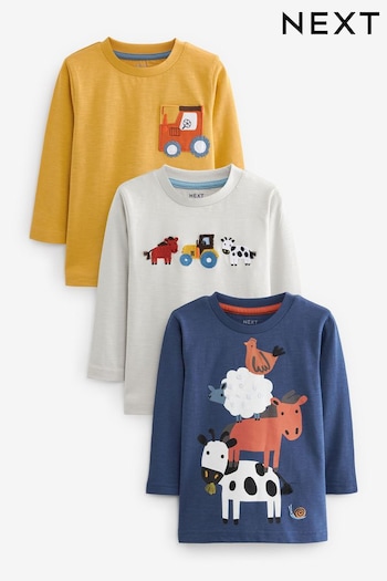 Blue/Ochre Yellow Farm Animals Long Sleeve Character T-Shirts graphic-print 3 Pack (3mths-7yrs) (D79990) | £19 - £23