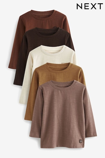 Brown/Cream Plain Long Sleeve T-Shirts Baker 5 Pack (3mths-7yrs) (D79993) | £20 - £24