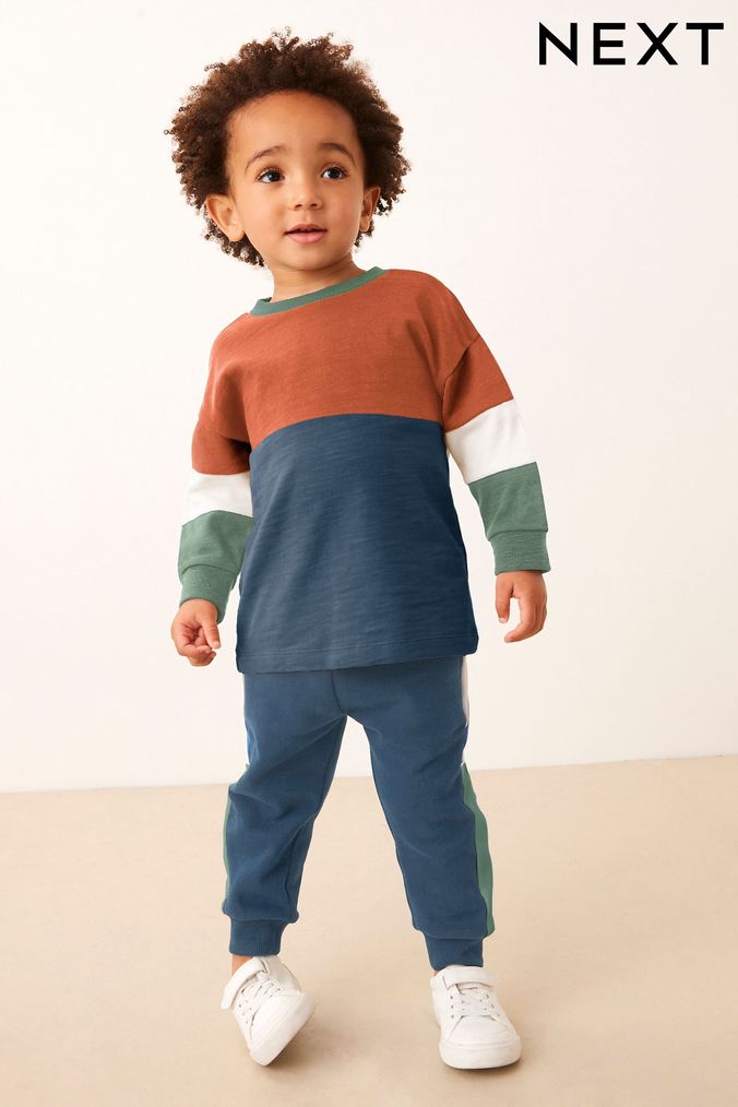 Rust/Navy Long Sleeve Cosy Colourblock T-Shirt and Joggers Set (3mths-7yrs) (D80289) | £15 - £19