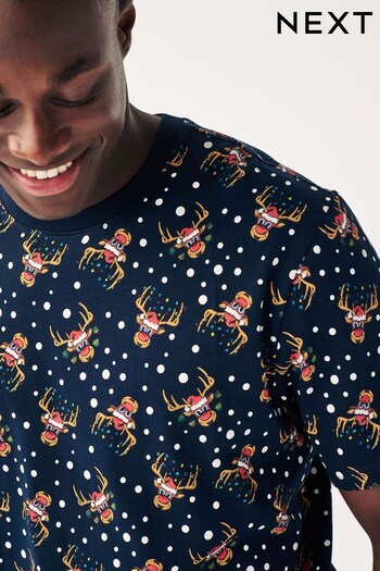 Navy Reindeer Print Christmas T-Shirt (D80310) | £20