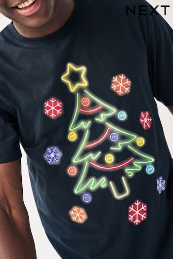 Black Neon Tree Print Christmas T-Shirt (D80312) | £18