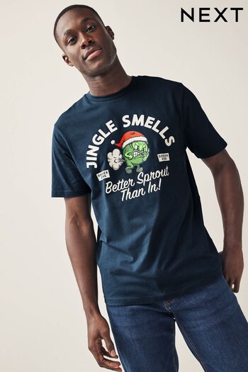 Navy Blue Sprout Print Christmas T-Shirt (D80319) | £18